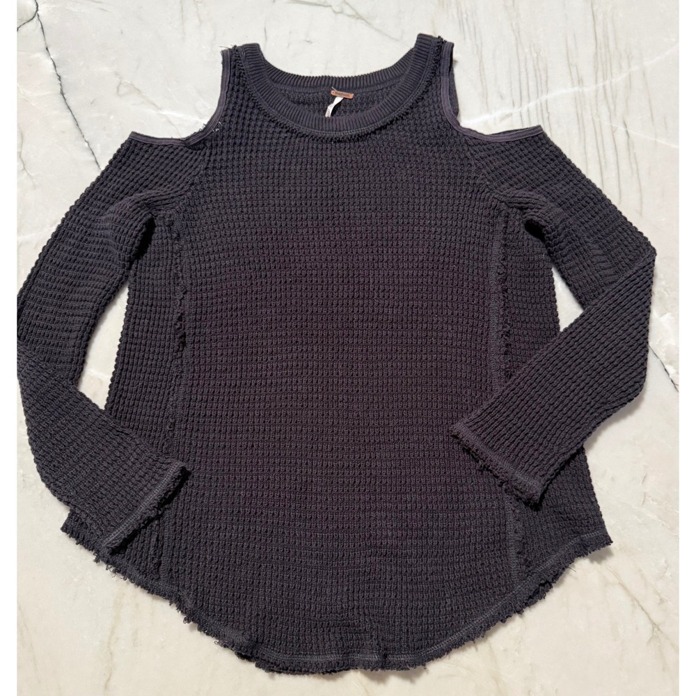 Free People Moonshine Cold Shoulder Thermal Waffle Knit Top Dark Gray XS